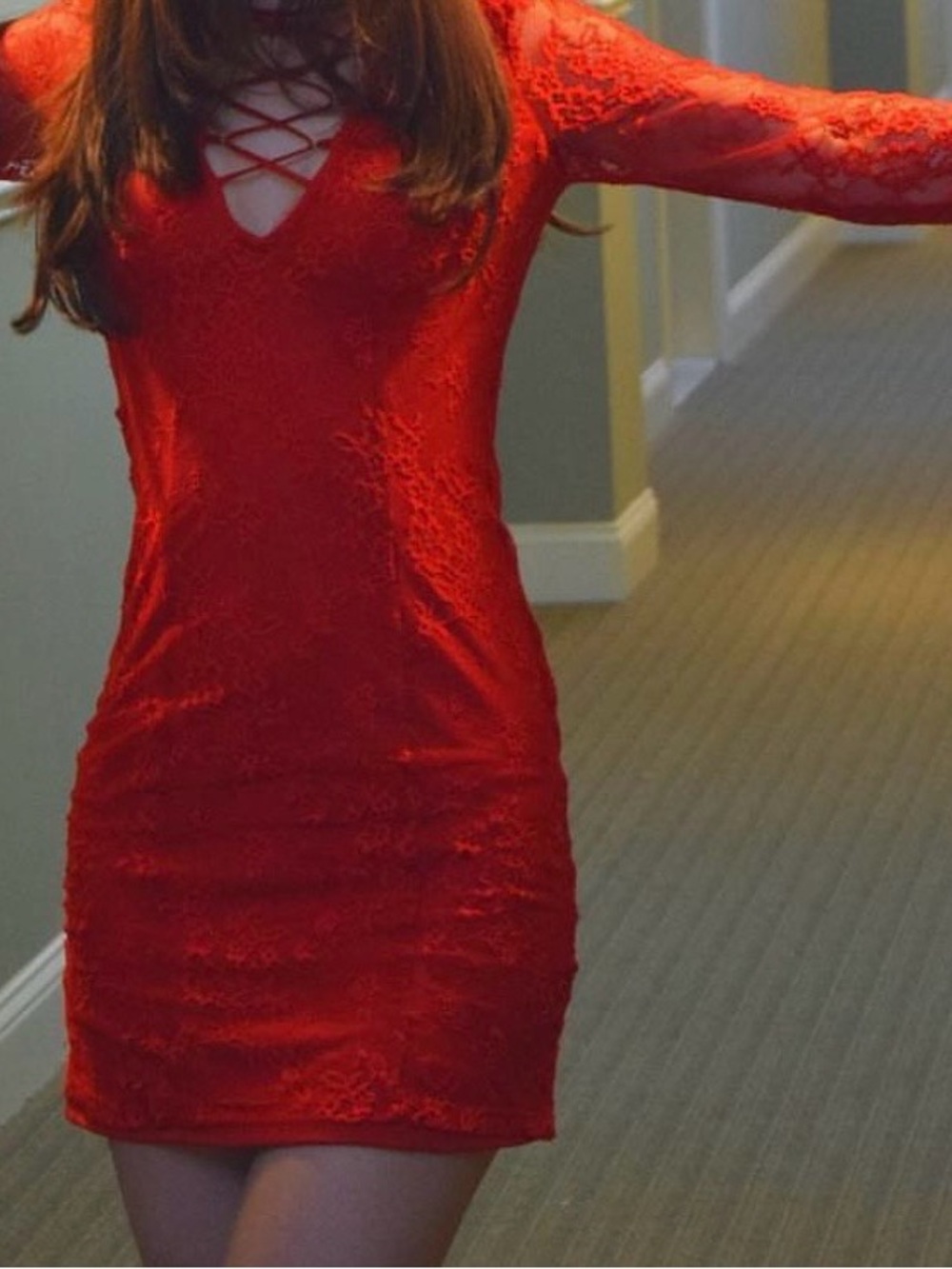 bebe Red Lace Mini Dress with Crisscross Detail